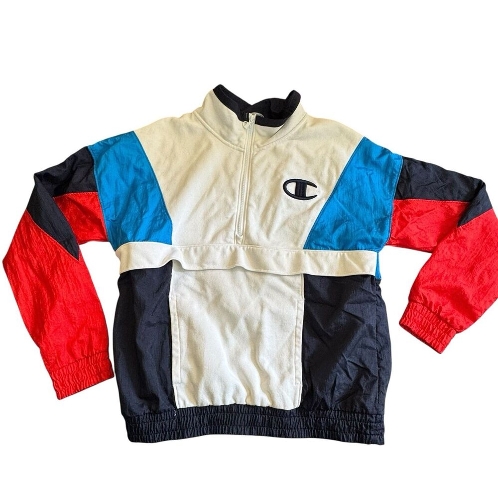 Champion Mixed Media Retro Style 90s Quarter Zip Sweater Jacket Wind Breaker Med